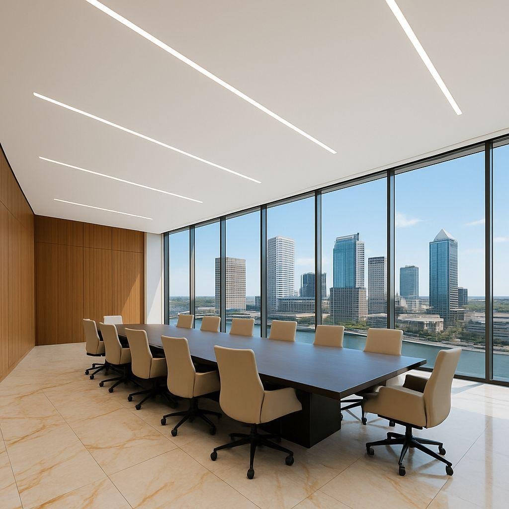 Linear LED stretch ceiling in corporate conference room