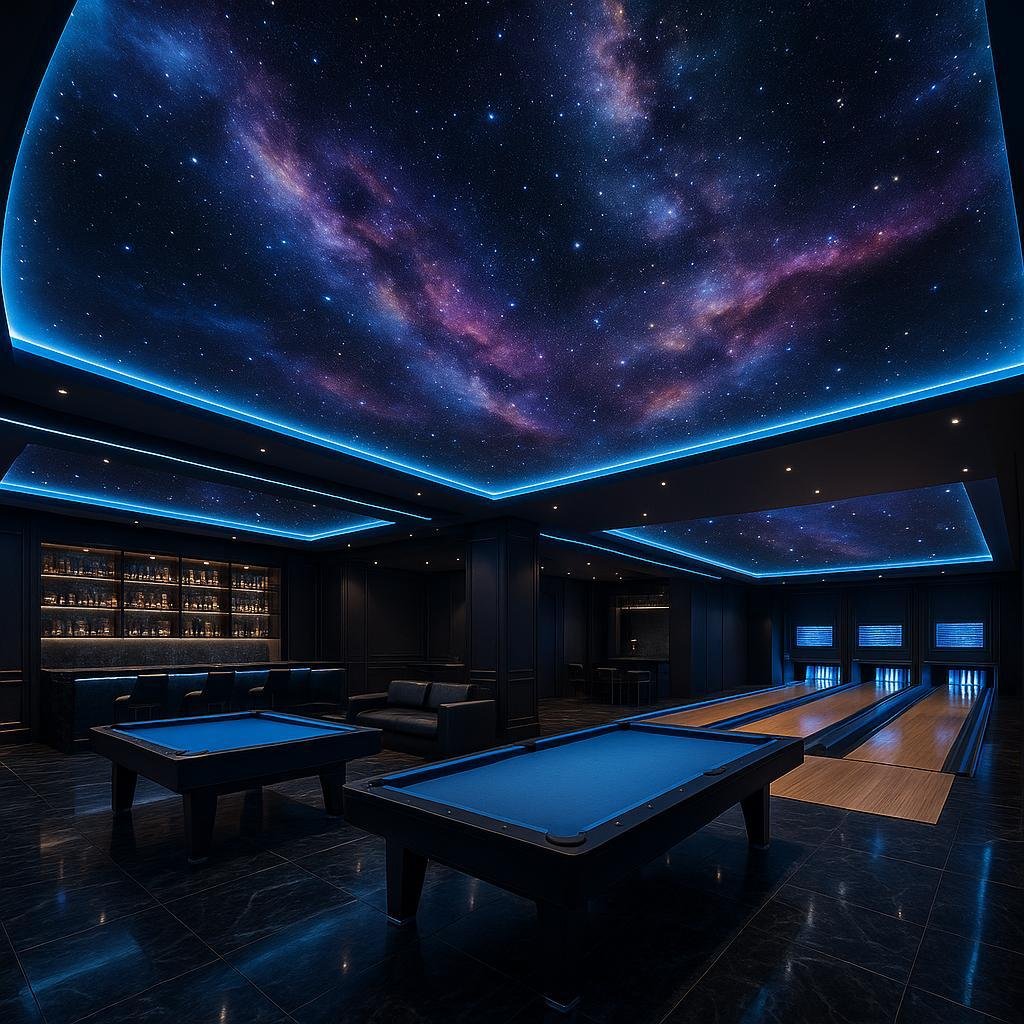 Galaxy ceiling mural in luxury gaming room by BlackSkyDesigns Tampa Florida