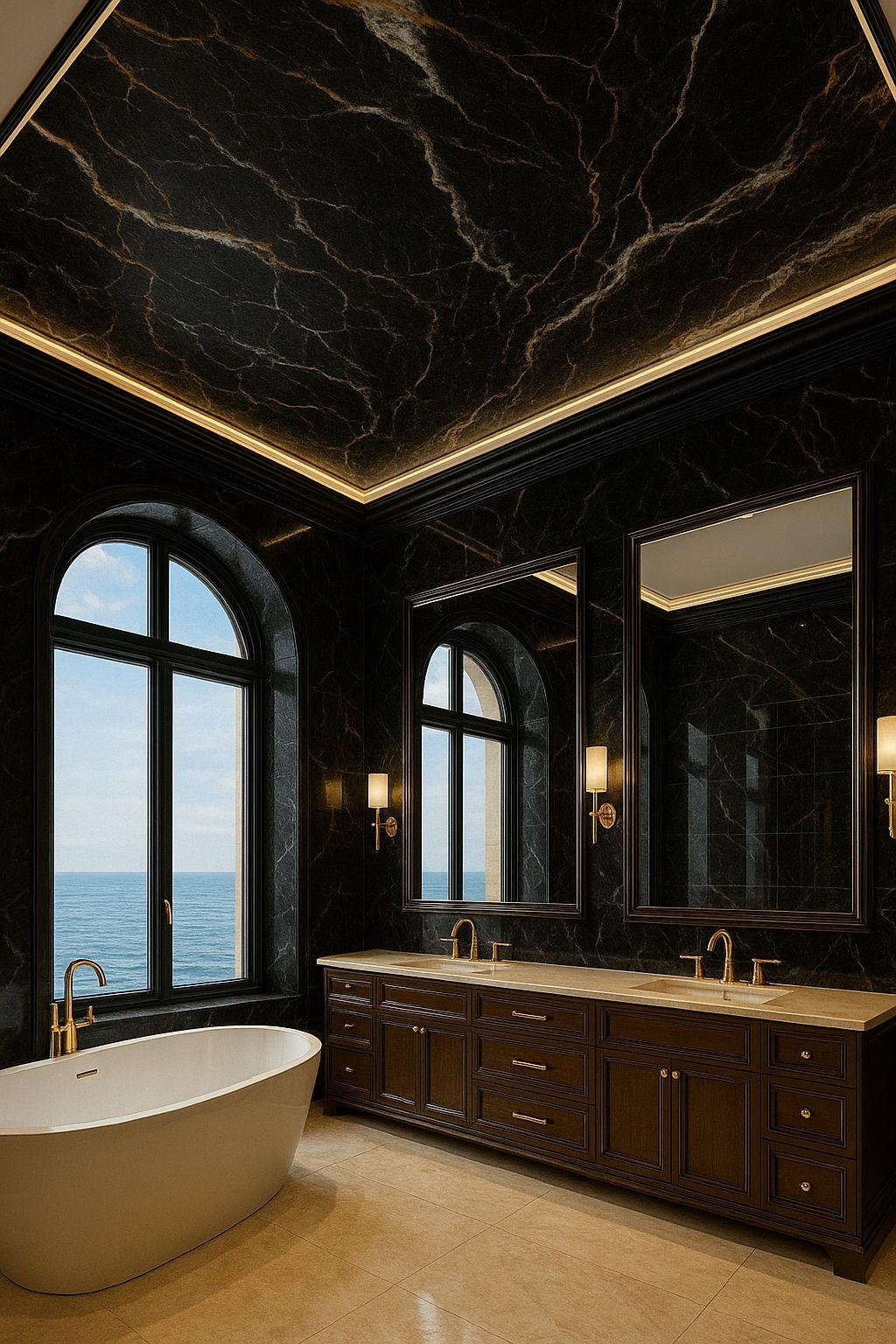 Black marble stretch ceiling in luxury bathroom