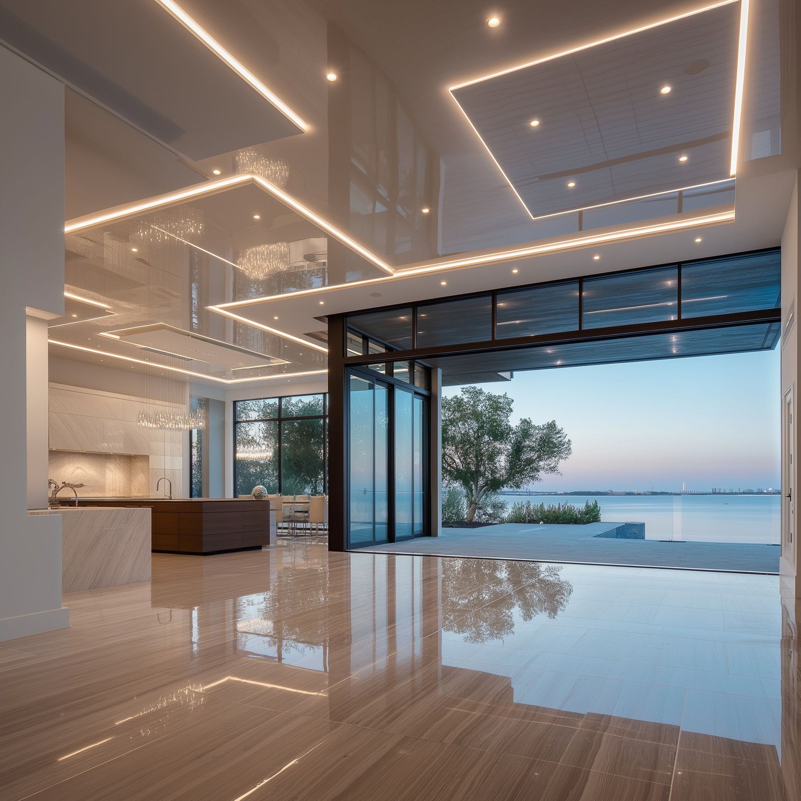 High Gloss Stretch Ceiling Waterfront Home